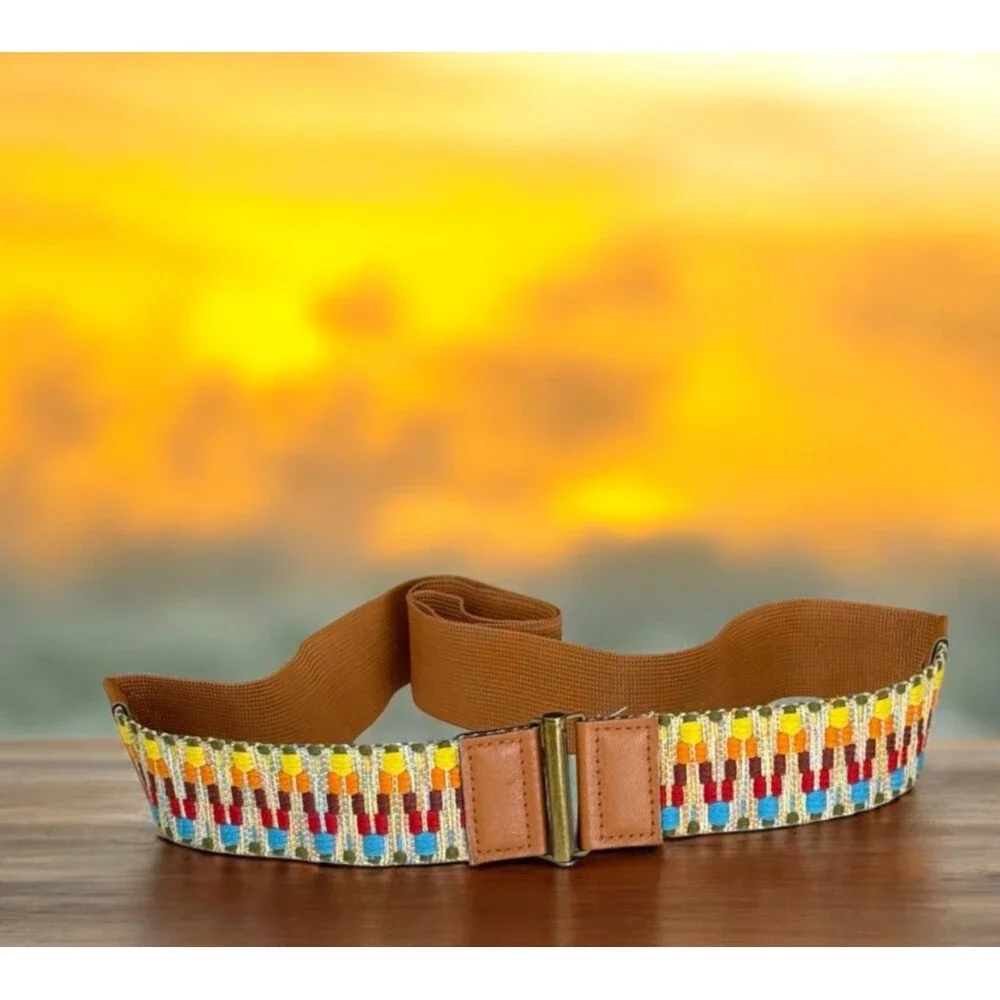 Embroidered Southwestern Rainbow Large Boho Belt Light Brown Hippie Granola Girl